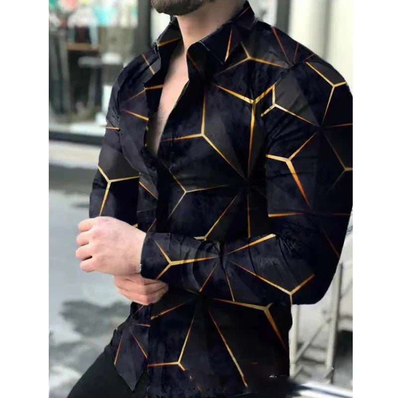 Hehope Men's Slim Shirt Autumn Casual Turn-down Collar Streetwear Fashion Together Printed Long Sleeve Oversize Shirt For Men Tops