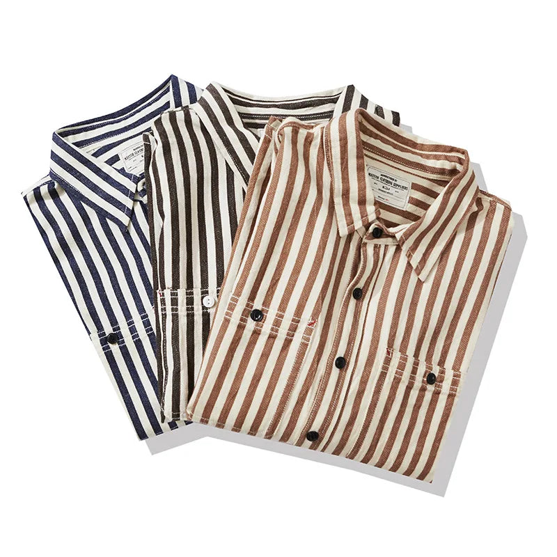 Hehope Vintage Striped Work Shirt Men Spring Autumn New Washed Cotton Long Sleeve Workwear Shirts Streetwear Casual Couple Tops