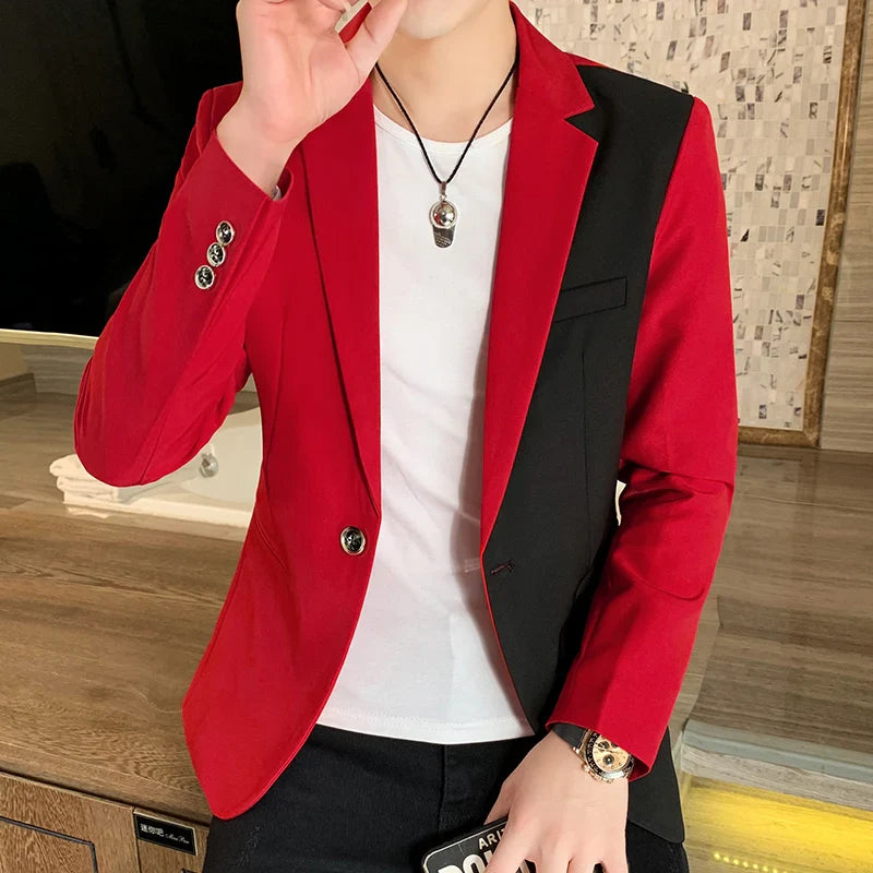 Hehope Men's Casual Blazer Korean Fashion Clothes Patchwork Suit Jacket Male Summer Thin Handsome Wear Slim Fit Coat Red White Blue