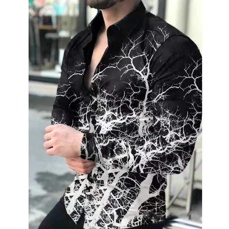 Hehope Men's Slim Shirt Autumn Casual Turn-down Collar Streetwear Fashion Together Printed Long Sleeve Oversize Shirt For Men Tops