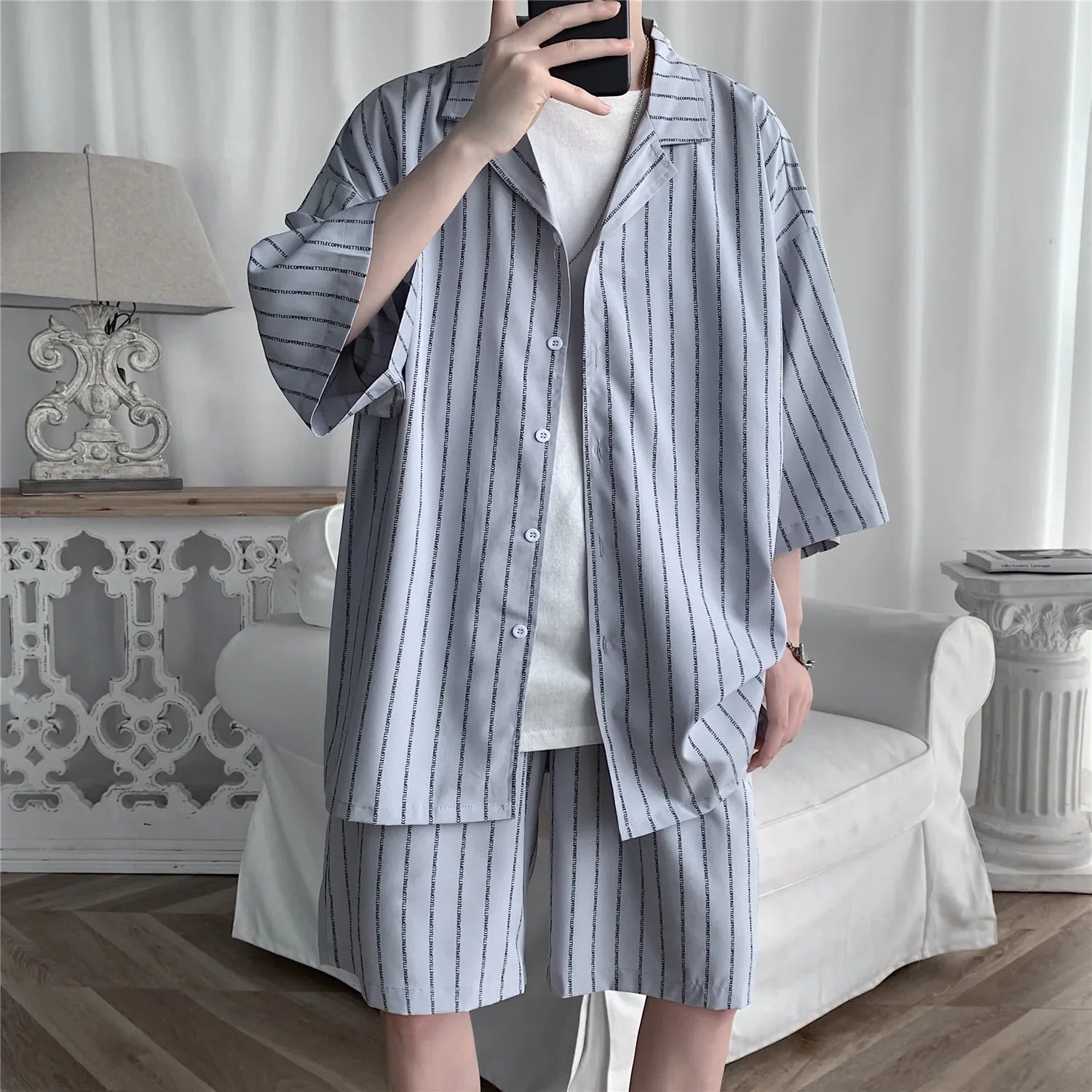 Hehope Korean Style Men's Set Suit Jacket and Shorts Solid Thin Short Sleeve Single Pocket Knee-Length Summer Oversized Clothing Man