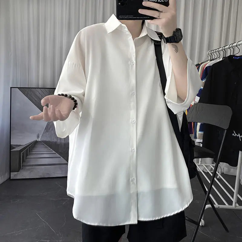 Hehope Korean Oversize Shirt Men's Fashion Summer Black White Short-sleeved Shirt Men Streetwear Loose Society Mens Dress Shirt M-2XL