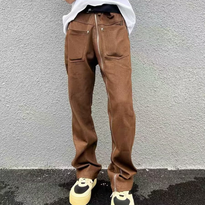 street fashion men streetwear Yellow Mud Jeans Men's Zipper Thickened Micro-Pull Straight Cement Color Spring and Autumn American High Street Pants