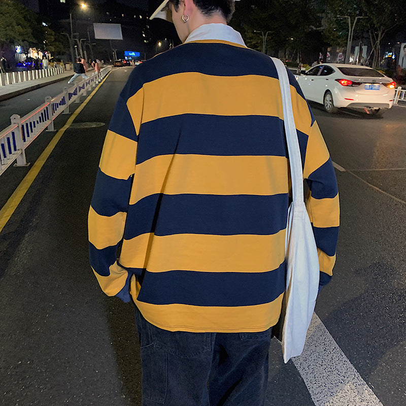 90s streetwear Spring New Long-Sleeved T-shirt Men's Versatile Striped Loose Polo Shirt Korean Style Trendy Lapel Sweater Bottoming Shirt