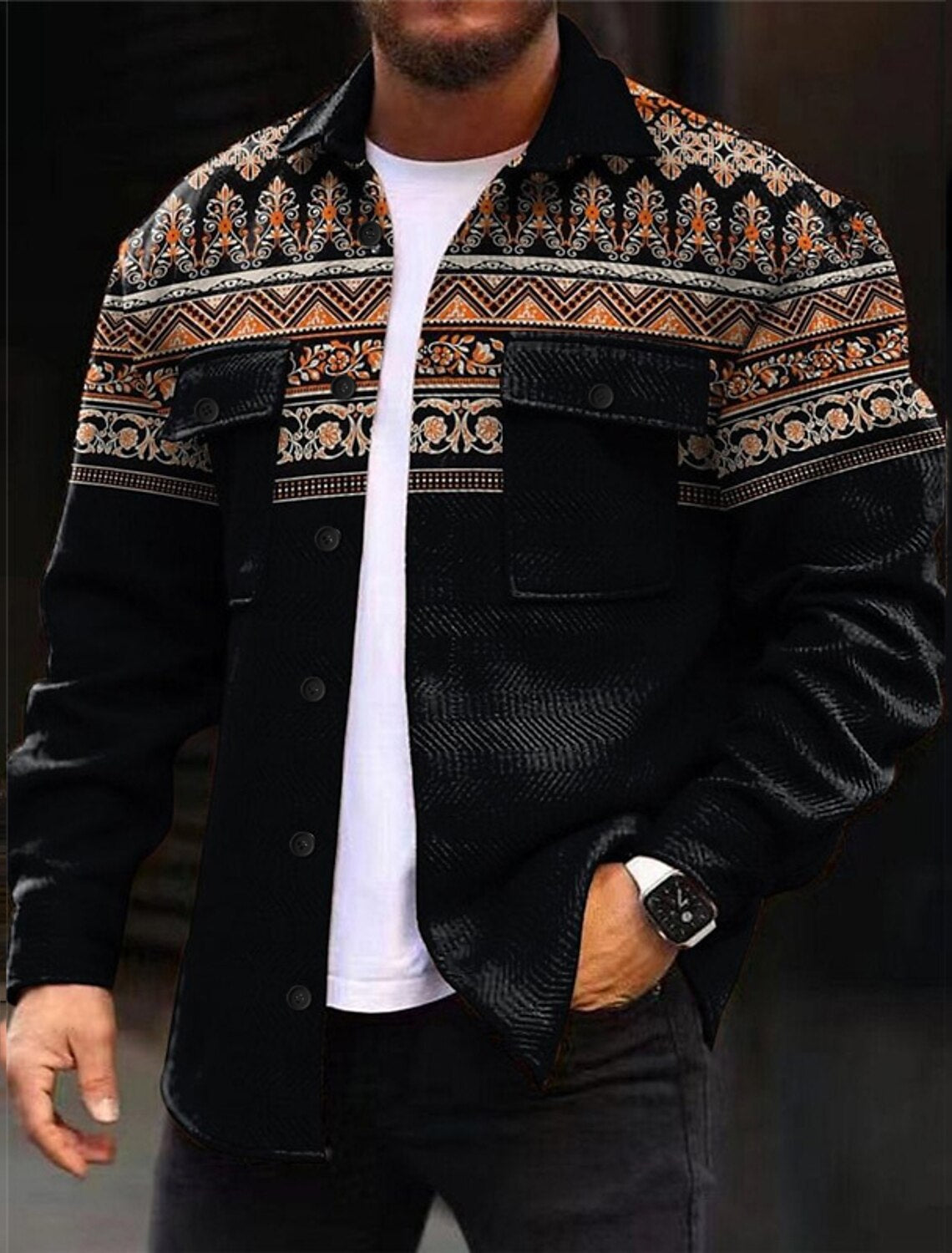 mens fall fashion New Autumn and Winter Long-Sleeved Pocket Men's Jacket Men's Lapel Ethnic Style Long-Sleeved Shirt Button Sweater