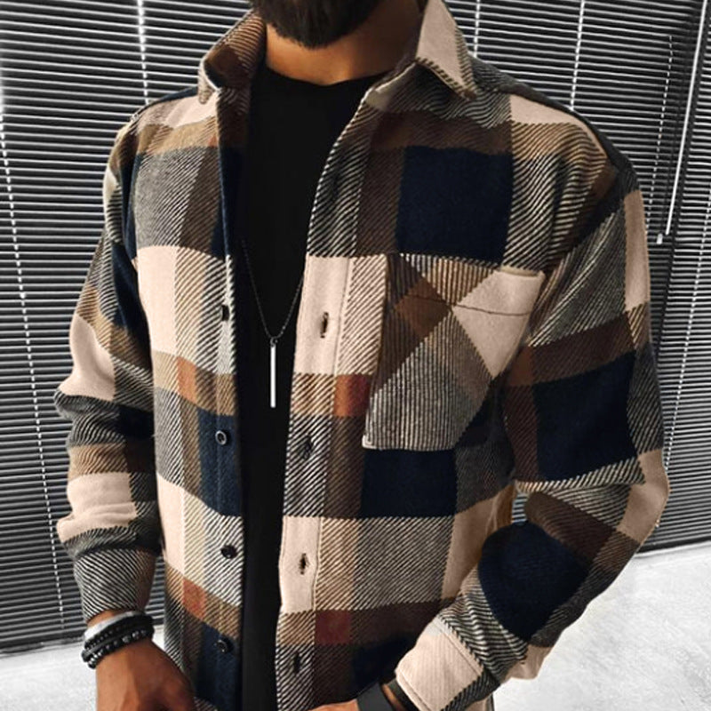 men fall outfits New Spring and Autumn New Long-Sleeved Blue and White Plaid Long-Sleeved Shirt Casual Stand Collar Pocket Shirt for Men