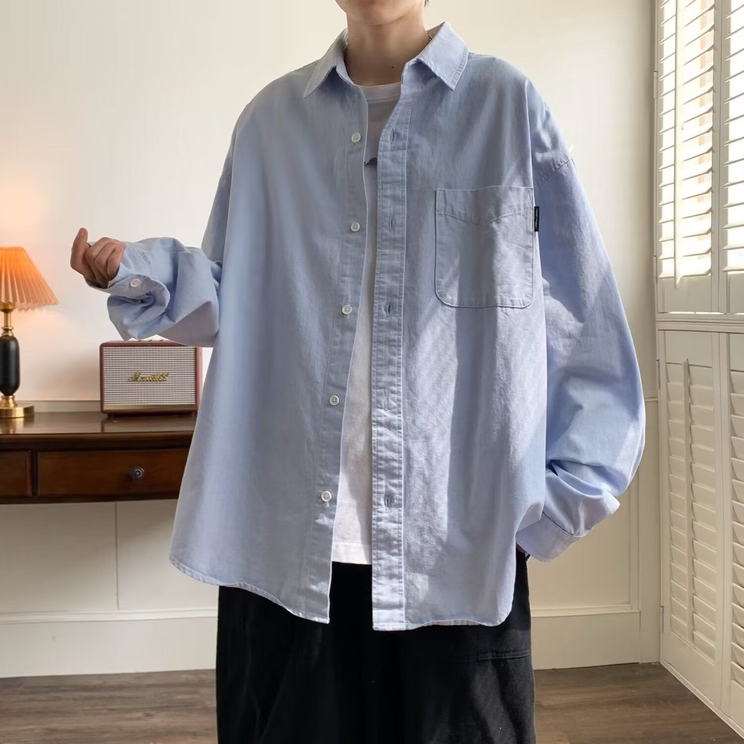 outfits for men Japanese Solid Color Long-Sleeved Shirt Men's Niche Design Sense Stacked Lapel Shirt Coat for Teenagers