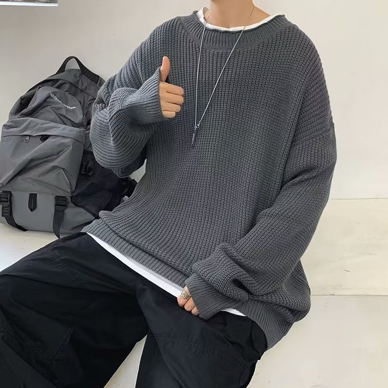 fall mens outfits round Neck Solid Color Sweater Men's Autumn and Winter Loose Korean Style Thick Sweater Lazy Personality Bottoming Sweater Sweater Men