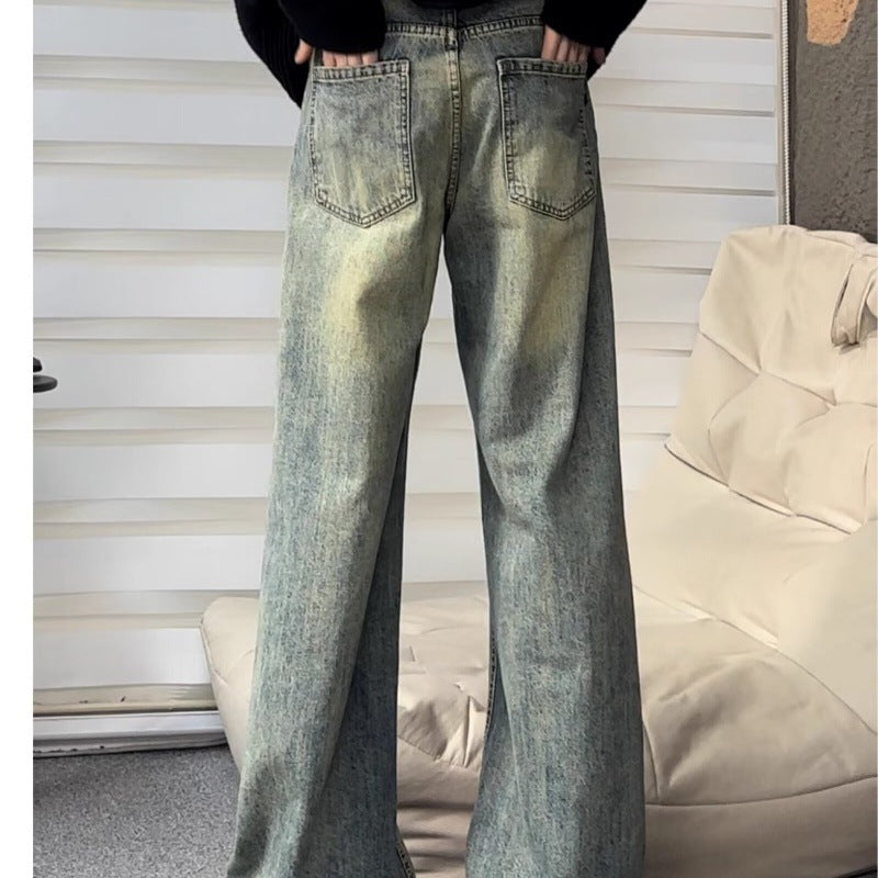 90s streetwear American High Street Vintage Washed Distressed Jeans Men's Retro Micro-Pull Straight Slimming Long Pants Fashion