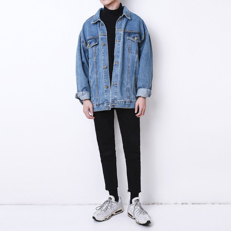 90s fashion men INS Denim Coat Men's Spring and Autumn Fashion Brand Pu Shuai Jacket Hong Kong Style High Street Loose Student Work Clothes