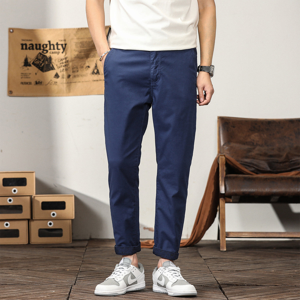 business casual men Casual Pants Men's Autumn Thin Slim Straight Trousers Hong Kong Style Trendy Simple Tapered Ankle-Length Business Trousers