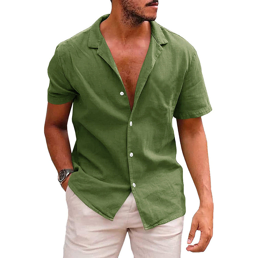 boy outfits Summer Lapel Solid Color Short-Sleeved Shirt Button Men's Cotton and Linen Shirt Men's Clothing