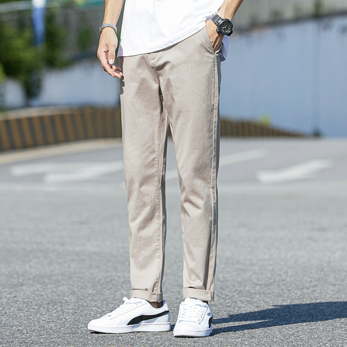 men fall outfits Apricot Vintage Washed Cotton Casual Pants Korean Style Simple Warm Men Handsome Youth Cropped Pants Slim Fit Skinny