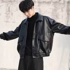 bomber jacket Korean Style Loose Leather Coat Men's Knight Motorcycle Suit Pilot Leather Jacket Spring and Summer Thin Handsome All-Matching Coat