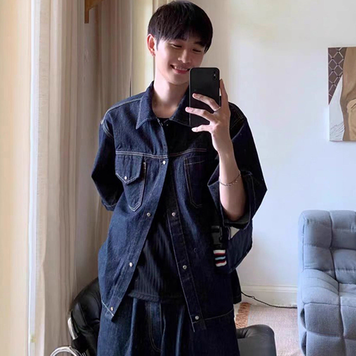 90s fashion men Summer New Denim Suit Men's American Street Loose Casual Dark Blue Shirt Wide Leg Cropped Pants Two-Piece Set