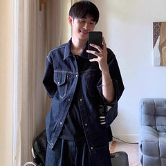 90s fashion men Summer New Denim Suit Men's American Street Loose Casual Dark Blue Shirt Wide Leg Cropped Pants Two-Piece Set