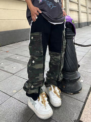 fall outfits black women High Street Pocket Camouflage Workwear Stitching Jeans Men's Loose Straight Personality Trousers