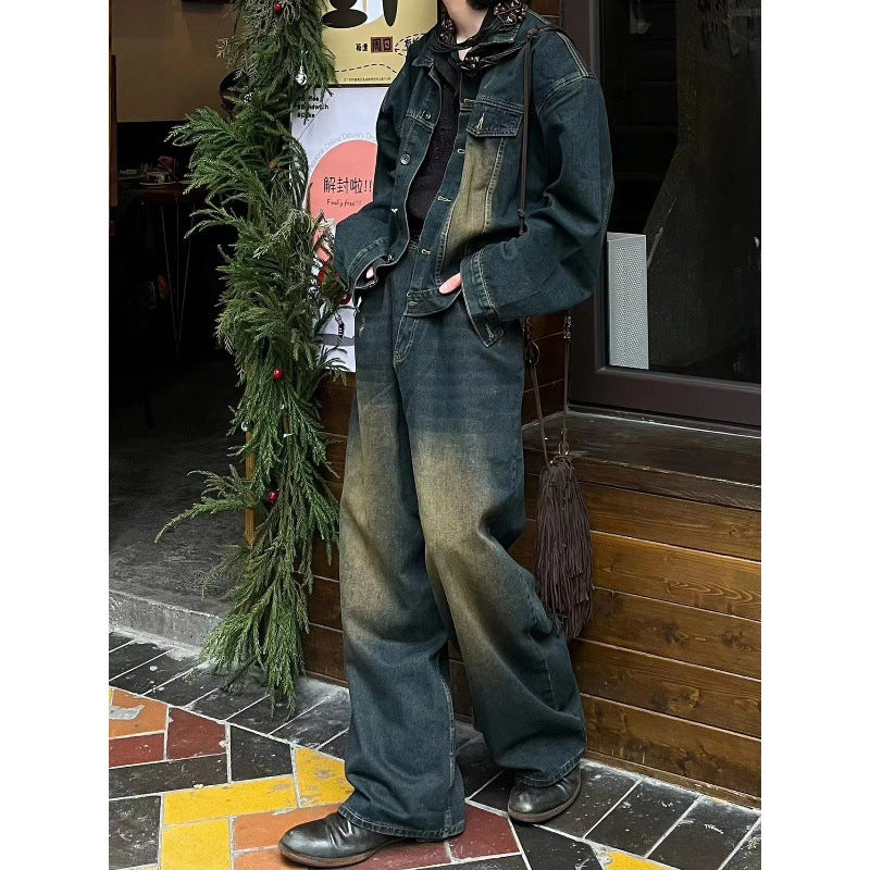 90s fashion men American High Street Retro Distressed Washed Denim Suit Men's and Women's Gradient Color Jacket Ruan Handsome Wide Leg Trousers Two-Piece Set