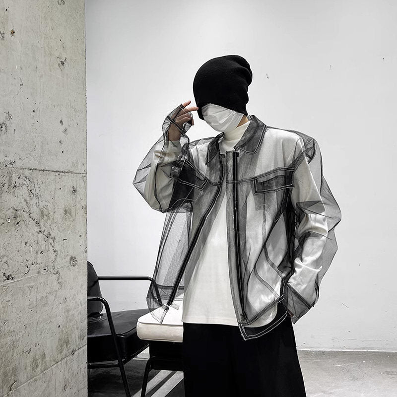 90s fashion men Prohibited Transparent Tulle Jacket Men's Spring and Summer High-Grade Ruan Handsome Mesh Jacket Men's Model Workwear Jacket