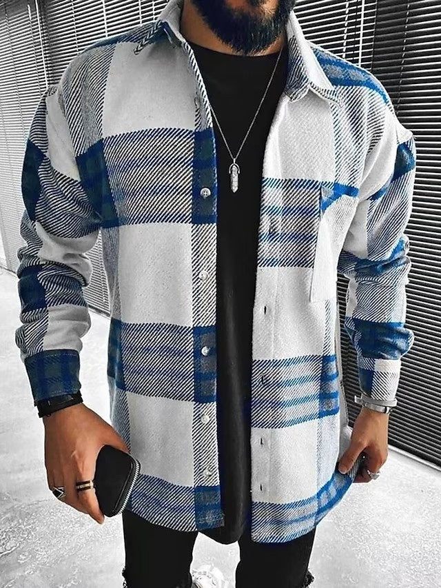 men fall outfits New Spring and Autumn New Long-Sleeved Blue and White Plaid Long-Sleeved Shirt Casual Stand Collar Pocket Shirt for Men