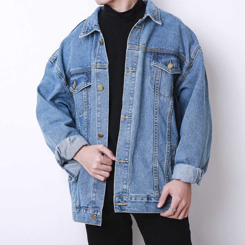 90s fashion men INS Denim Coat Men's Spring and Autumn Fashion Brand Pu Shuai Jacket Hong Kong Style High Street Loose Student Work Clothes