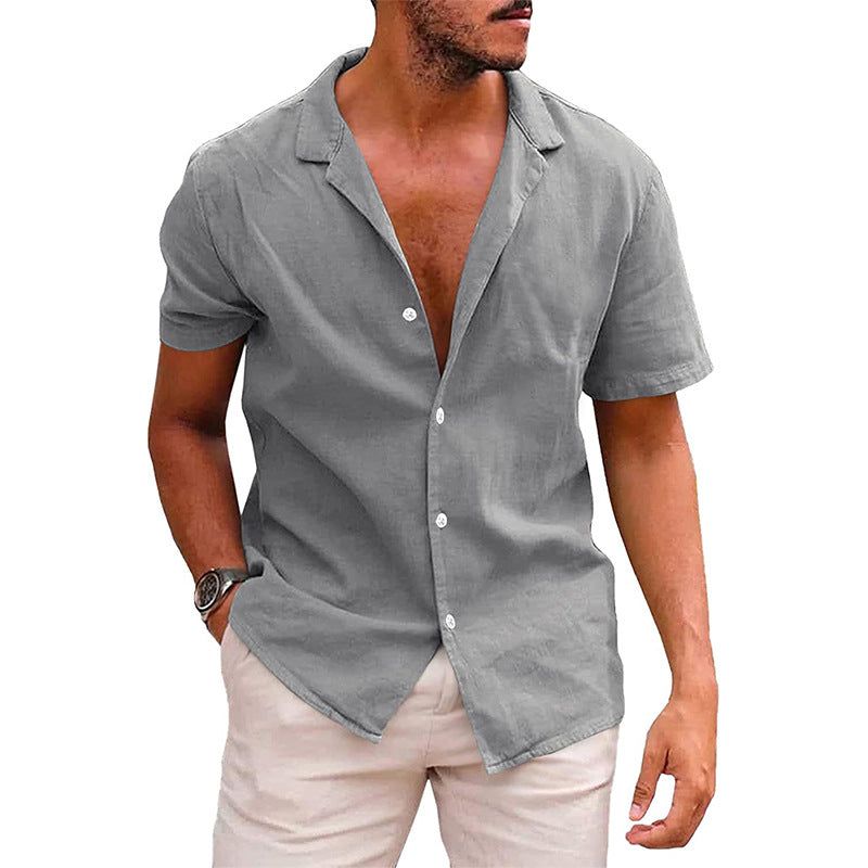 boy outfits Summer Lapel Solid Color Short-Sleeved Shirt Button Men's Cotton and Linen Shirt Men's Clothing