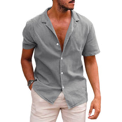 boy outfits Summer Lapel Solid Color Short-Sleeved Shirt Button Men's Cotton and Linen Shirt Men's Clothing