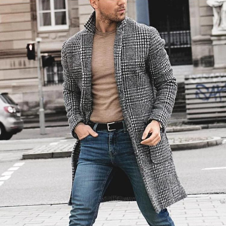 mens fall fashion 2024 New Winter Trendy Mid-Length Plaid Men's Youth Woolen Coat Men's Coat