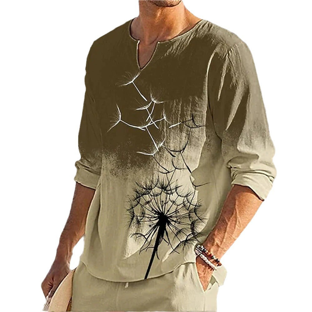 mens fall fashion New Style Small V-neck Long-Sleeved Men's Graffiti Muscle Casual Slim Pullover T-shirt