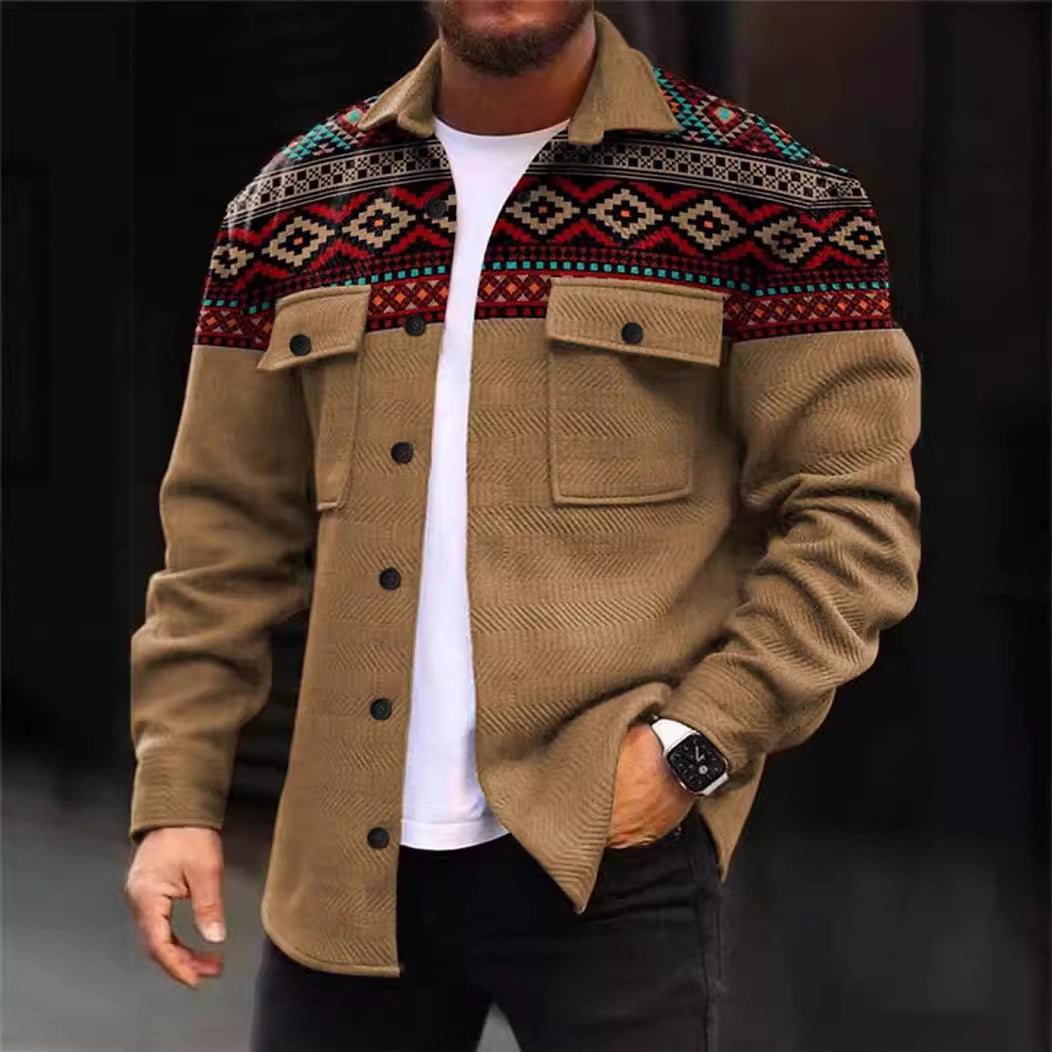 mens fall fashion New Autumn and Winter Long-Sleeved Pocket Men's Jacket Men's Lapel Ethnic Style Long-Sleeved Shirt Button Sweater