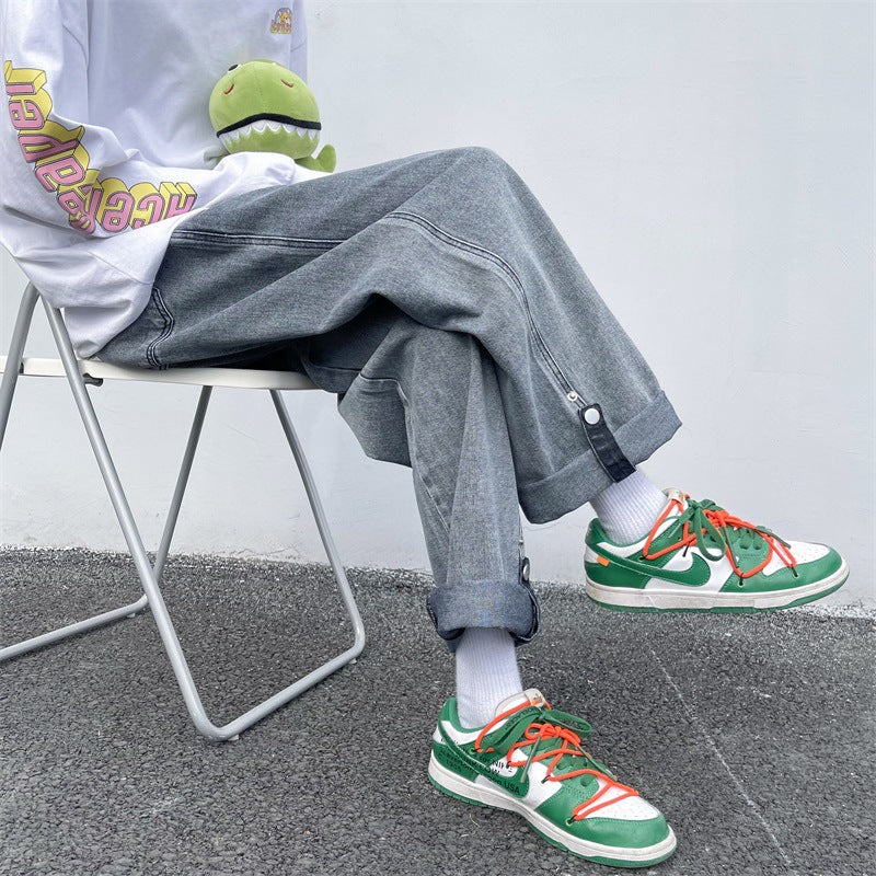 boy outfits Spring and Summer Trendy Men's Jeans Loose Straight Casual Draping Wide-Leg Hong Kong Style Cropped Sports Long Pants