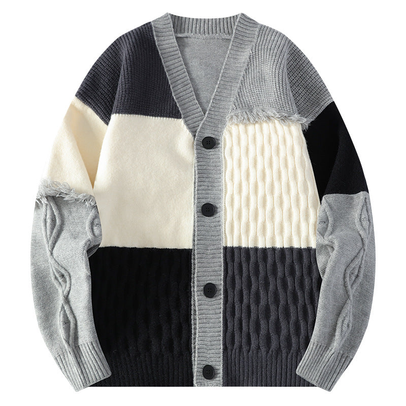 boy outfits Autumn and Winter Cardigan Sweater Men's Trendy Color Matching Knitted Coat Youth Style V-neck Loose Top