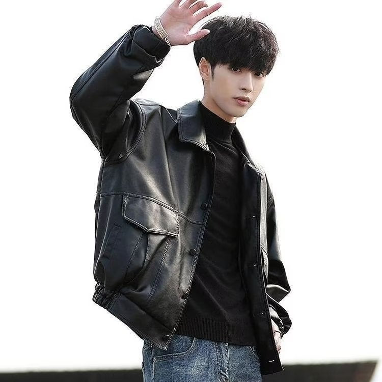 bomber jacket Korean Style Loose Leather Coat Men's Knight Motorcycle Suit Pilot Leather Jacket Spring and Summer Thin Handsome All-Matching Coat