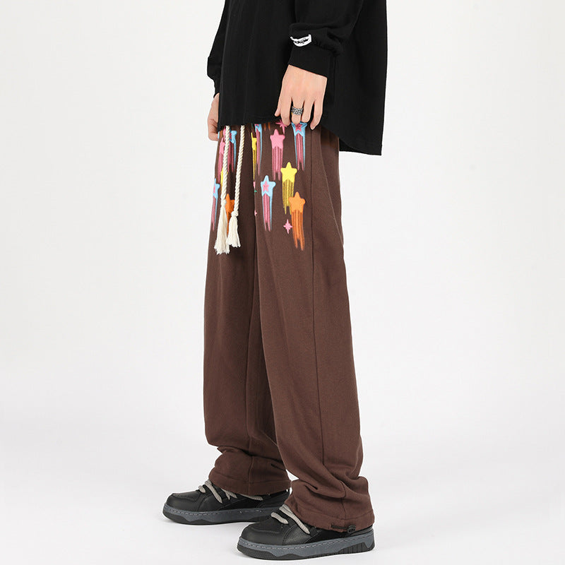 90s fashion men Graffiti Star Casual Pants Men's Spring American Retro Fashion Brand Straight Pants Loose All-Match Couple Wide-Leg Pants