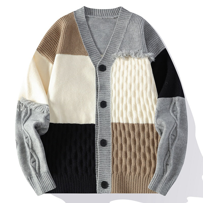 boy outfits Autumn and Winter Cardigan Sweater Men's Trendy Color Matching Knitted Coat Youth Style V-neck Loose Top