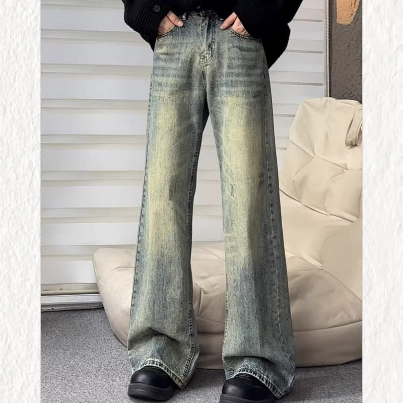 90s streetwear American High Street Vintage Washed Distressed Jeans Men's Retro Micro-Pull Straight Slimming Long Pants Fashion