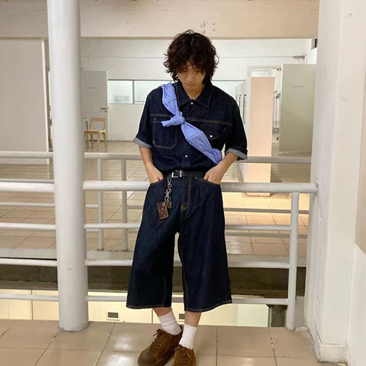 90s fashion men Summer New Denim Suit Men's American Street Loose Casual Dark Blue Shirt Wide Leg Cropped Pants Two-Piece Set