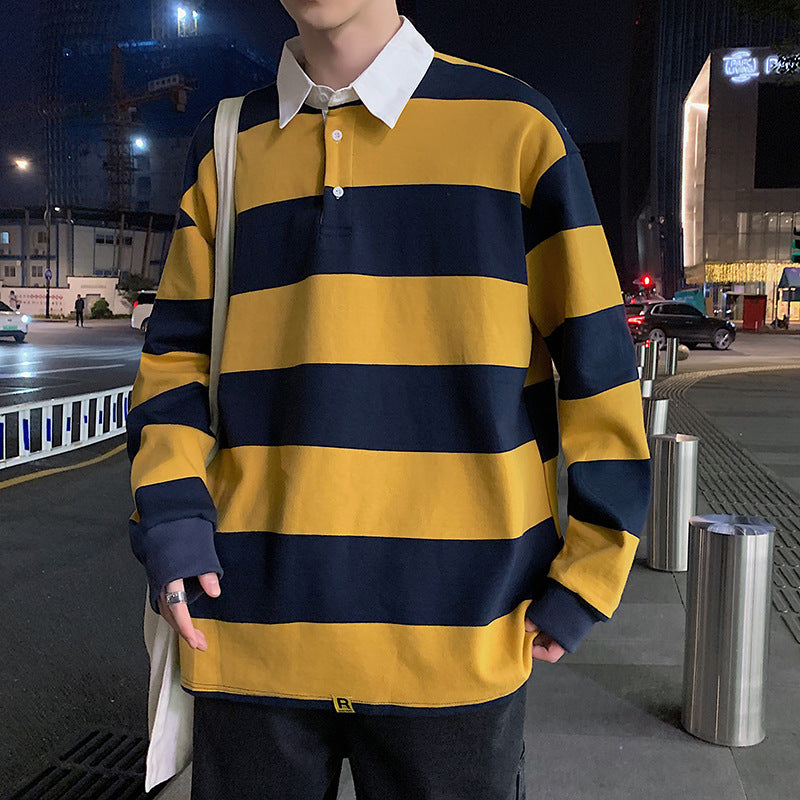 90s streetwear Spring New Long-Sleeved T-shirt Men's Versatile Striped Loose Polo Shirt Korean Style Trendy Lapel Sweater Bottoming Shirt