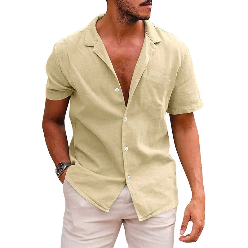 boy outfits Summer Lapel Solid Color Short-Sleeved Shirt Button Men's Cotton and Linen Shirt Men's Clothing