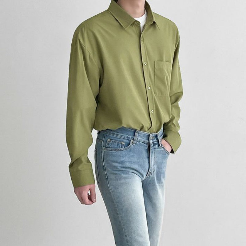 mens fashion Solid Color Non-Ironing Shirt Men's Long Sleeve Loose Casual Shirt Korean Style Trendy Light Mature Style Draping Top