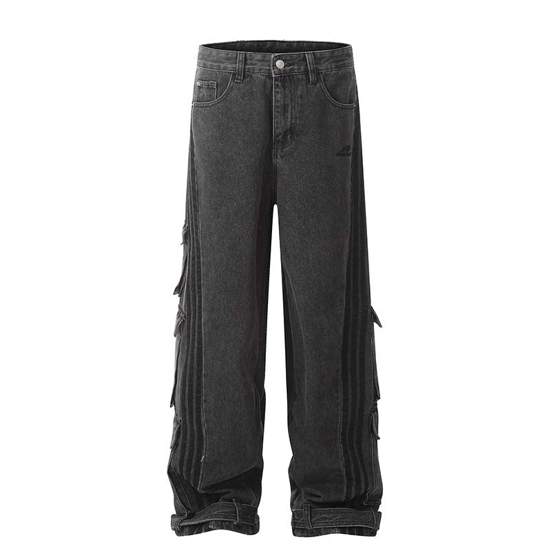 mens fall fashion American-Style Retro Ankle-Tied Multi-Pocket Striped Distressed Workwear Jeans Men's Letter Embroidered Wide-Leg Long Pants