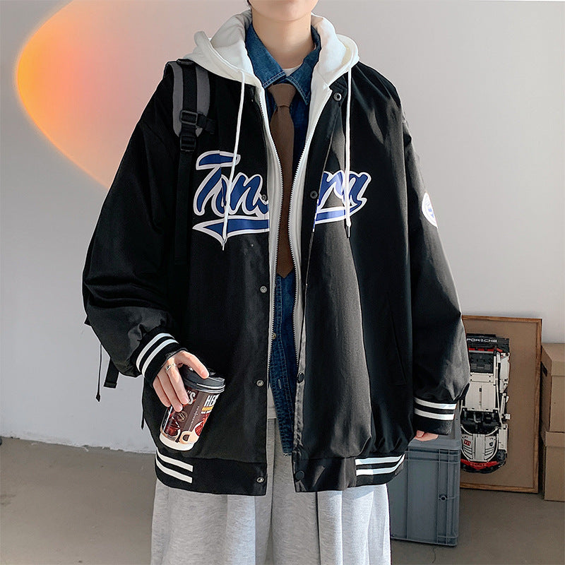 90s streetwear Fake Two-Piece Jacket Men's Spring and Autumn Design Sense Niche Hooded Casual Jacket Hong Kong Style Ins High Sense Top Clothes