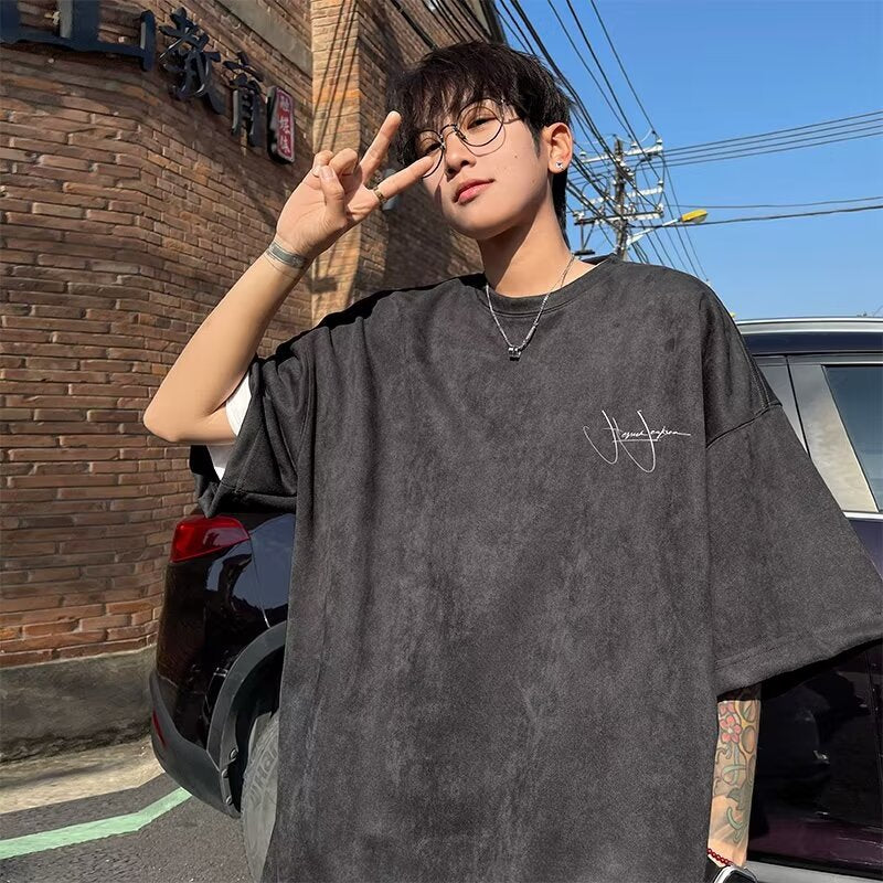 shirt American High Street Suede Embroidered Short Sleeve T-shirt Men's Summer Niche Design Loose round Neck Pullover Half Sleeve