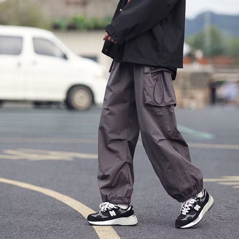 masc outfits Overalls Men's Spring and Autumn High Street Ins Cotton Loose Straight Pants Neutral Style Drawstring Ankle-Tied Casual Pants