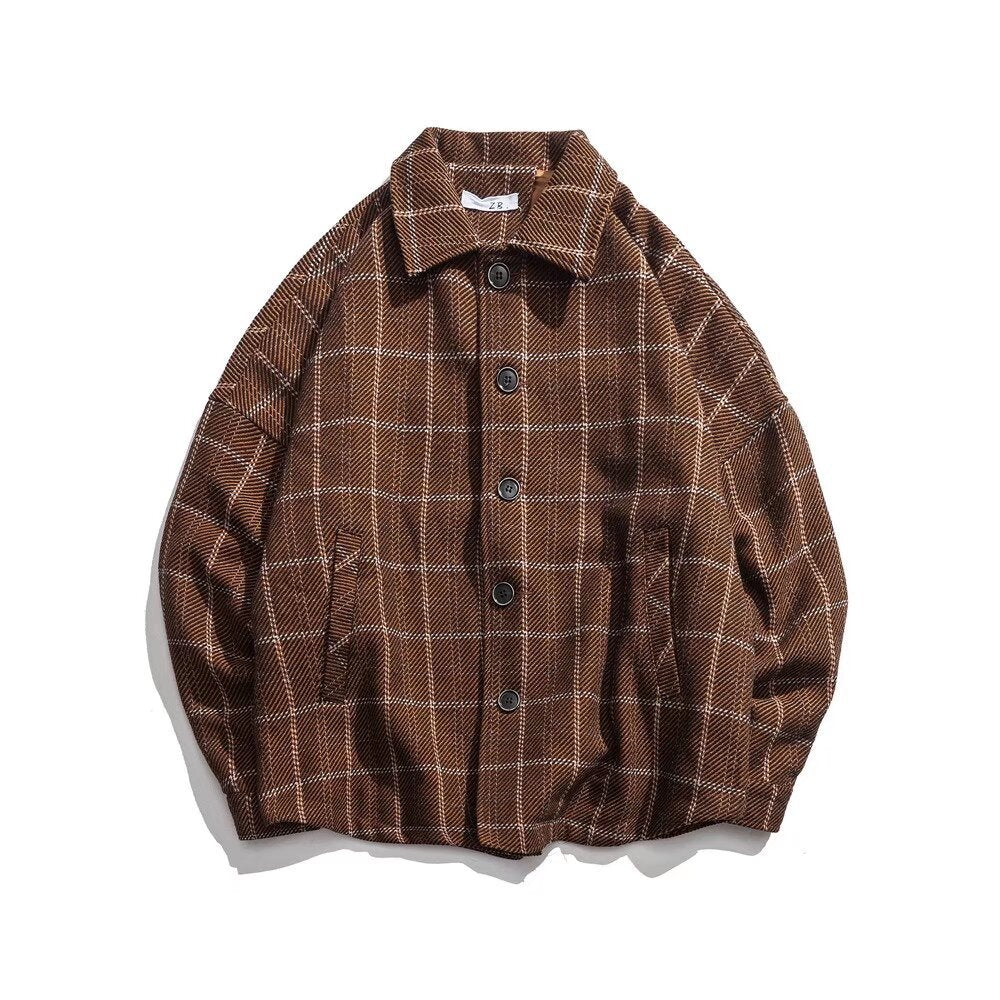 mens fall fashion Plaid Woolen Coat Men's Autumn and Winter Japanese Fashionable Ins Elegant High-Grade Loose Short Thickened Jacket Top