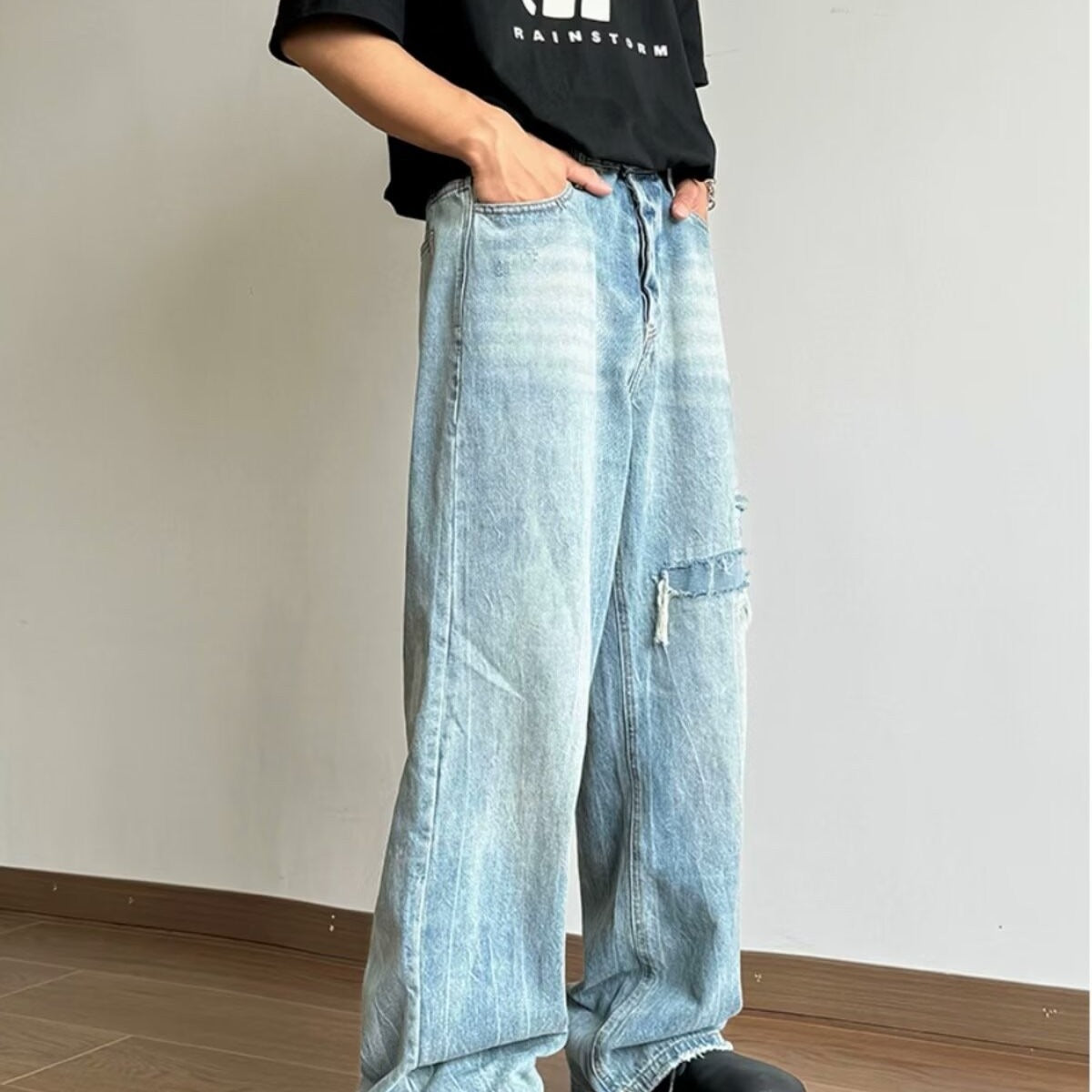 y2k outfits Jeans Men's Summer New American Retro Ripped Straight Pants Washed Loose Wide Leg Casual Trousers