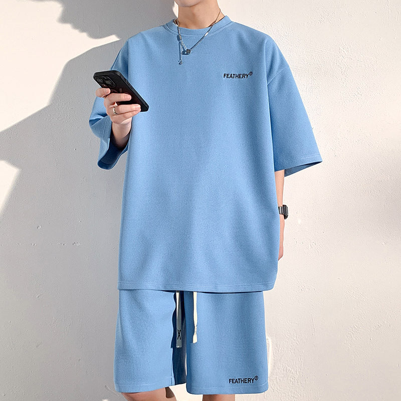 guys clothing styles Hong Kong Style Loose Waffle Sports Suit Men's Summer New Youth Casual T-shirt + Shorts