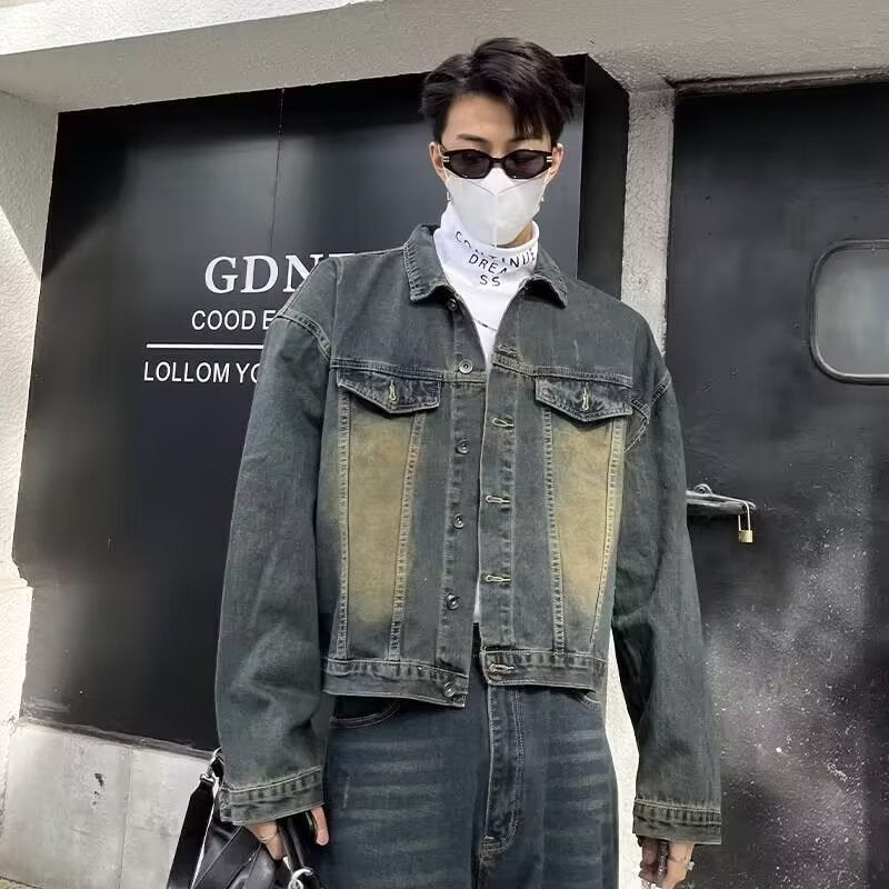 90s fashion men 2024 American-Style Distressed Jacket Suit Men's Ins High-Grade Retro Design Shoulder Pad Denim Coat Short Fashion