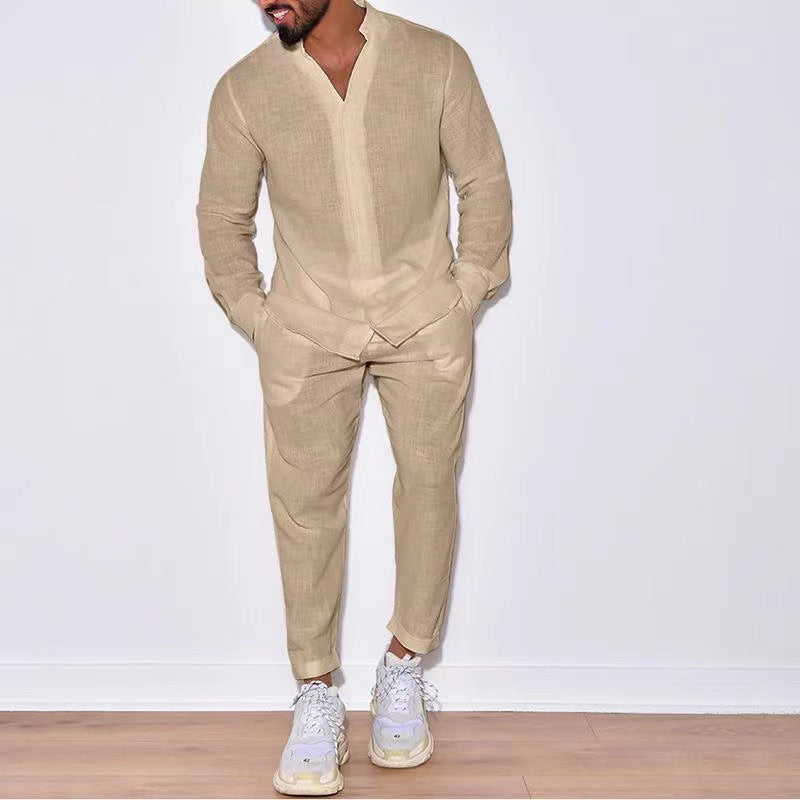 fall mens outfits Sports Suit Men's Linen Autumn Casual Suit Long Sleeve Fashion Overalls Two-Piece Set