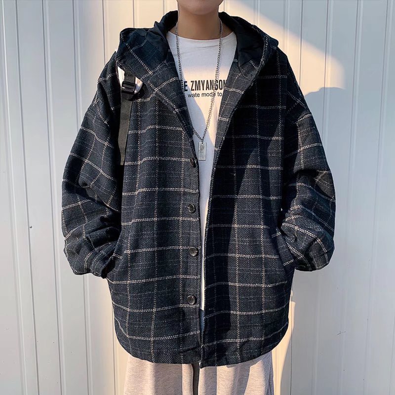 mens fall fashion Plaid Woolen Coat Men's Autumn and Winter Trendy Couple Hong Kong Style Top Ins Loose Hooded Woolen Coat